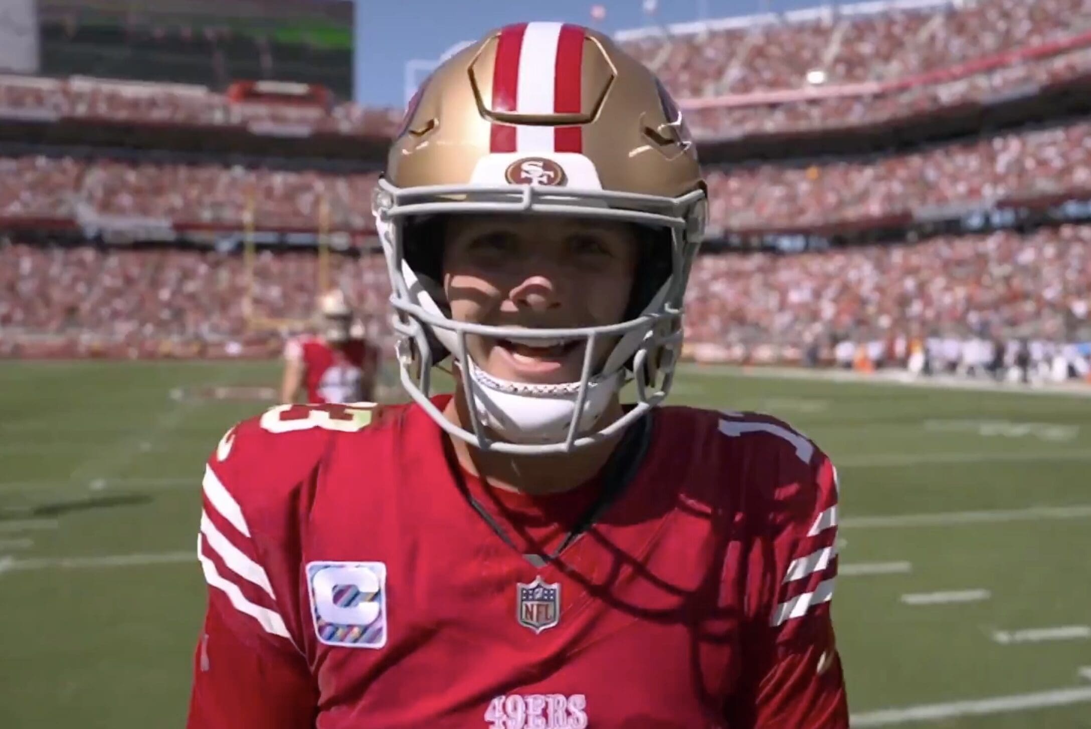 San Francisco 49ers QB Brock Purdy celebrates during their win in Week 4 of the 2024 NFL season over the New England Patriots